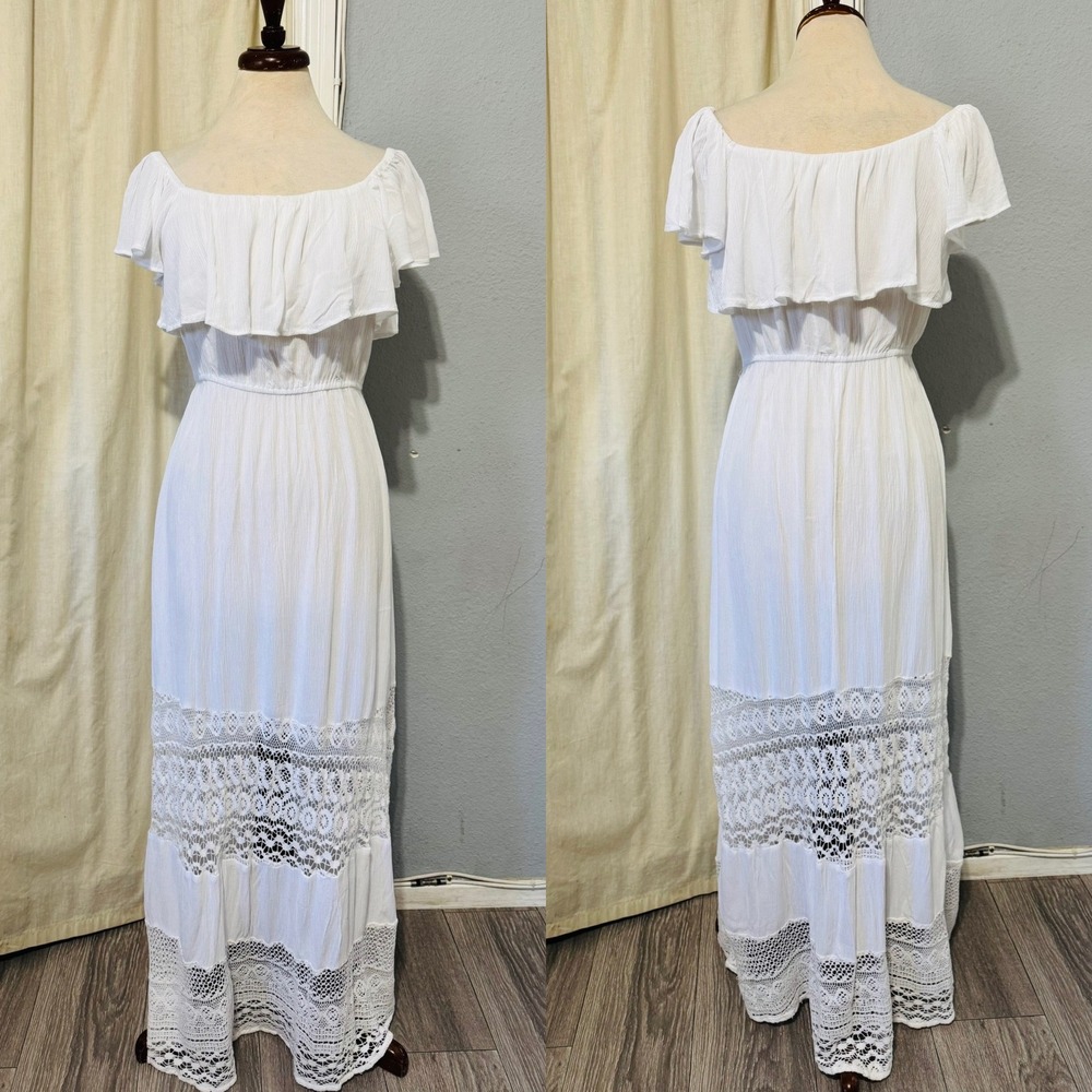 Goa Beachwear by Japna‎ White Off Shoulder Crochet Lace Maxi Milkmaid Dress M